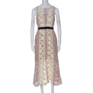 Pre Owned Self Portrait Pink-Beige & Yellow Floral Guipuire Lace Peter-Pan Collar Midi Dress M