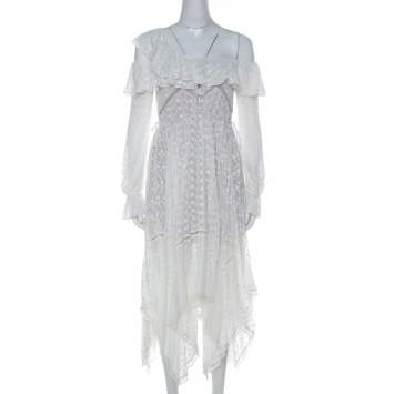 Pre Owned Self-Portrait White Embroidered Voille Front Button One Shoulder Asymmetric Dress S