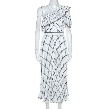 Pre Owned Self Portrait White Checked Crepe One Shoulder Pleated Dress XS