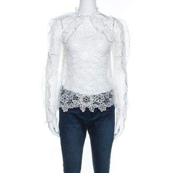 Pre Owned Self Portrait White Cutout Ruffle Detail Guipure Lace Top S
