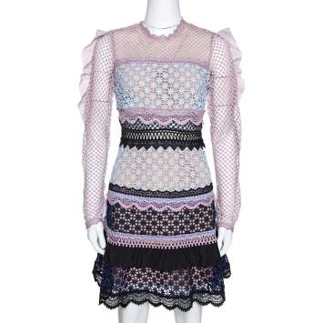 Pre Owned Self Portrait Multicolor Lace Panelled Ruffle Trim Bellis Mini Dress M