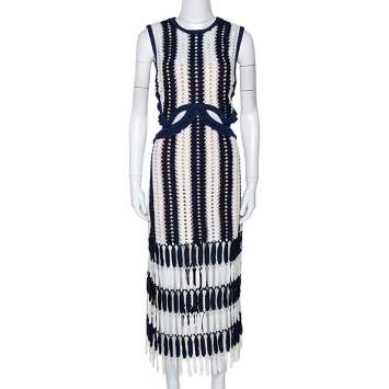 Pre Owned Self Portrait Navy Blue & White Crochet Knit Midi Dress L