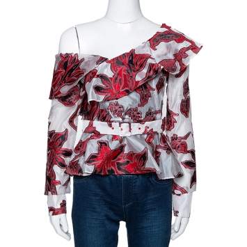 Pre Owned Self-Portrait Red & White Floral Fil Coupe One Shoulder Blouse S
