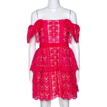 Pre Owned Self Portrait Fuschia Pink Guipure Lace Off Shoulder Mini Dress M