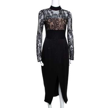 Pre Owned Self Portrait Black Bead and Sequin Embellished Lace Midi Dress S