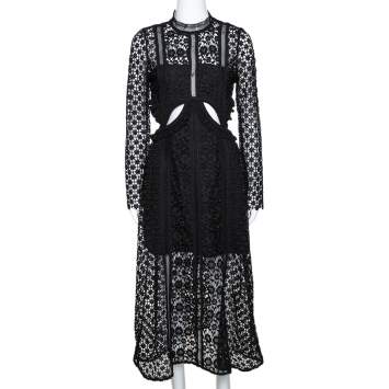 Pre Owned Self Portrait Black Guipure Lace Cutout Detail Payne Midi Dress M
