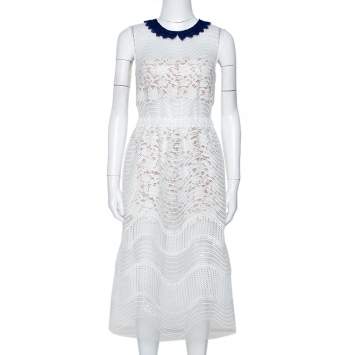 Pre Owned Self Portrait White Sequined Mesh Romper Detail Dress M