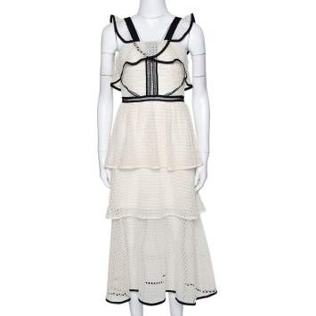 Pre Owned Self Portrait Off White Lace Contrast Flounce Tiered Dress S