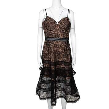 Pre Owned Self Portrait Black Paisley Lace Sleeveless Bustier Dress L 
