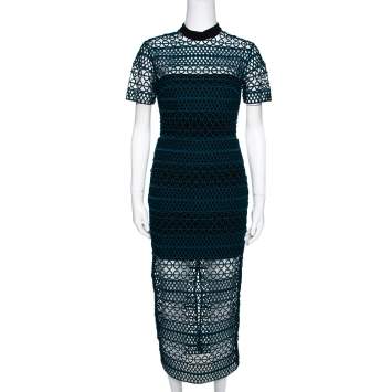 Pre Owned Self-Portrait Teal Green Guipure Lace Column Dress M