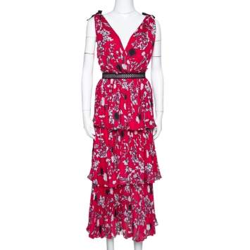 Pre Owned Self-Portrait Hibiscus Red Floral Print Crepe Pleated Midi Dress L