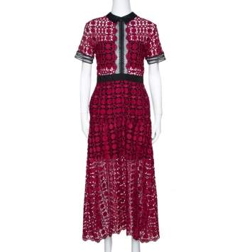 Pre Owned Self Portrait Burgundy Guipure Lace Contrast Trim Midi Dress M
