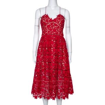 Pre Owned Self Portrait Red Floral Guipure Lace Noodle Strap Azaelea Midi Dress M