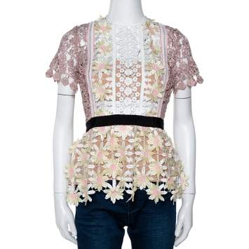 Pre Owned Self Portrait Multicolor 3D Floral Guipure Lace Peplum Top M