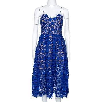 Pre Owned Self Portrait Cobalt Blue Floral Guipure Lace Azalea Dress M