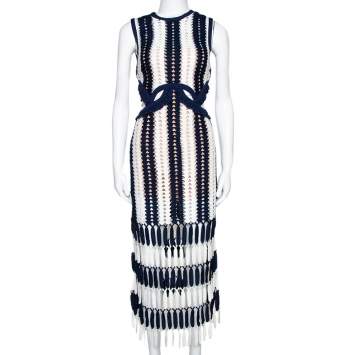 Pre Owned Self-Portrait Navy Blue & White Crochet Cutout Midi Dress M