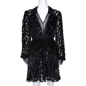 Pre Owned Self Portrait Black Metallic Leopard Devore Pleated Mini Dress L