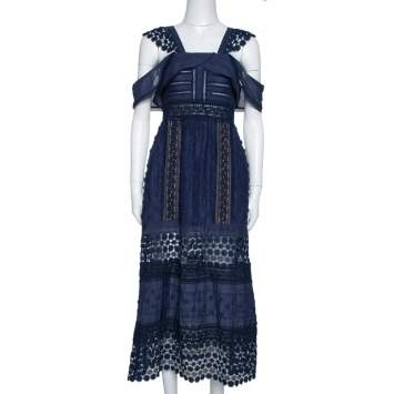 Pre Owned Self-Portrait Navy Blue Lace Paneled Bluebell Midi Dress S