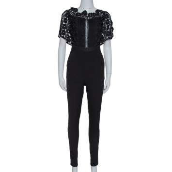 Pre Owned Self-Portrait Black Guipure Lace & Crepe Serena Jumpsuit S