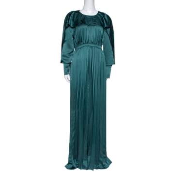 Pre Owned Self-Portrait Dark Green Satin Pleated Frill Detail Jumpsuit L
