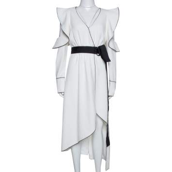 Pre Owned Self-Portrait White Viscose Blend Ruffled Asymmetric Dress M