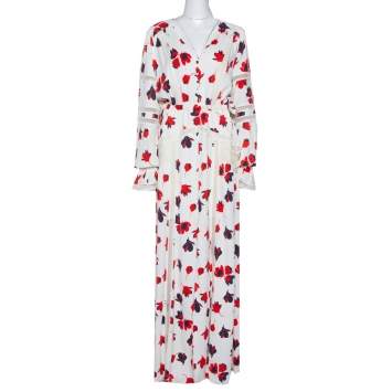 Pre Owned Self Portrait White Floral Print Crepe Flared Maxi Dress L