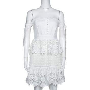 Pre Owned Self Portrait White Lace Tiered Off Shoulder Mini Dress M