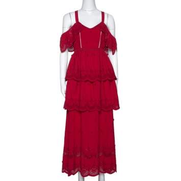 Pre Owned Self-Portrait Raspberry Red Lace Tiered Off Shoulder Dress S