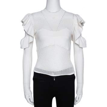 Pre Owned Self Portrait White Eyelet Knit Frill Cold Shoulder Top S