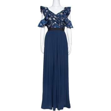 Pre Owned Self-Portrait Navy Blue Satin & Crepe Star Embellished Maxi Dress S