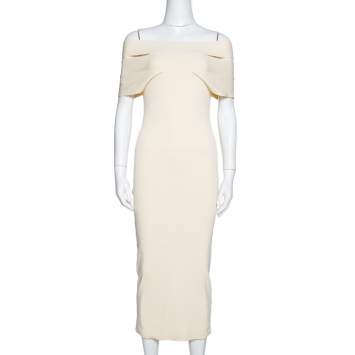 Pre Owned Self-Portrait Cream Knit Wrapped Off Shoulder Bodycon Dress L