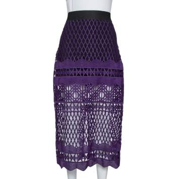 Pre Owned Self-Portrait Purple Cut Out Lace Midi Skirt M