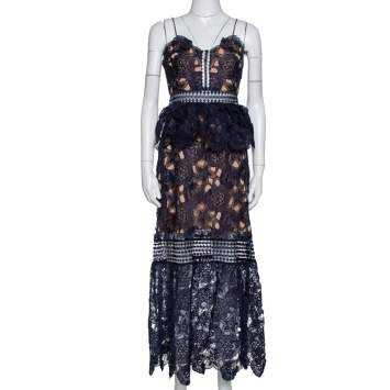 Pre Owned Self-Portrait Navy Blue Sheer Lace Paneled Amaryllis Column Dress M