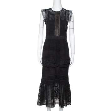 Pre Owned Self Portrait  Black Guipure Lace Ruffled Midi Dress M