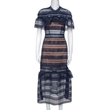 Pre Owned Self-Portrait Navy Blue Guipure Lace Detachable Yoke Midi Dress S