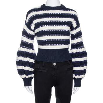 Pre Owned Self-Portrait Navy Blue & White Stripe Knit Cropped Sweater M