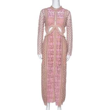 Pre Owned Self Portrait Beige & Pink Floral Lace Payne Cutout Dress M