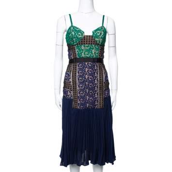 Pre Owned Self-Portrait Multicolor Lace & Pleat Paneled Midi Sundress S