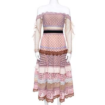 Pre Owned Self Portrait Pale Pink Guipure Lace Bellis Off Shoulder Dress S