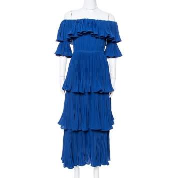مملوكة مسبقًا Self Portrait Navy Blue Crepe Pleated Tiered Off Shoulder Dress S