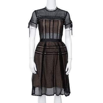 Pre Owned Self-Portrait Black Eyelet Lace Pleated Aurelia Dress S