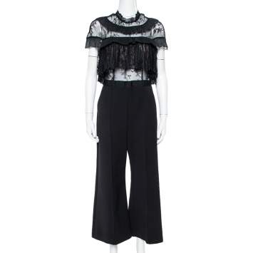 Pre Owned Self Portrait Black Cady & Lace Ruffled Cropped Jumpsuit M