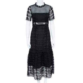 مملوكة مسبقًا Self-Portrait Black Floral Lattice Lace Midi Dress M