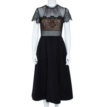 Pre Owned Self-Portrait Black Cotton Embroidered Felicia Midi Dress M