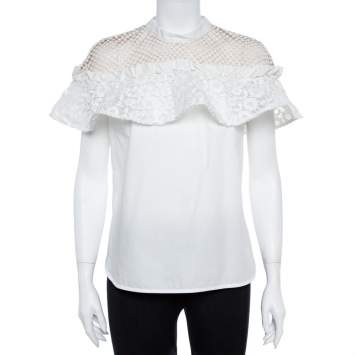 Pre Owned Self Portrait White Cotton Lace Panel Ruffled Hudson Top M