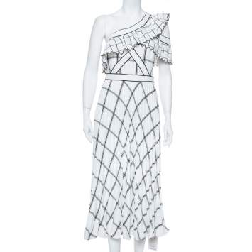 Pre Owned Self Portrait Monochrome Check Crepe Frill Detail One Shoulder Midi Dress S