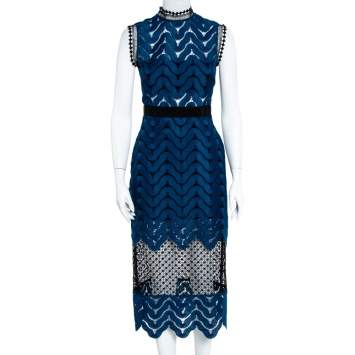 Pre Owned Self Portrait Bicolor Guipure Lace Scallop Hem Detail Paneled Midi Dress S