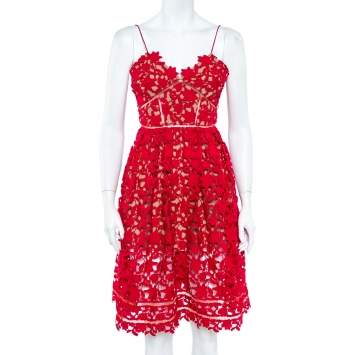 Pre Owned Self Portrait Red Floral Guipure Lace Noodle Strap Azaelea Midi Dress S