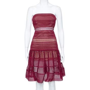 Pre Owned Self Portrait Burgundy Guipure Lace Strapless Drop Waist Midi Dress S