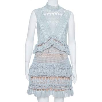 Pre Owned Self Portrait Mint Green Guipure Lace Teardrop Paneled Mini Dress M